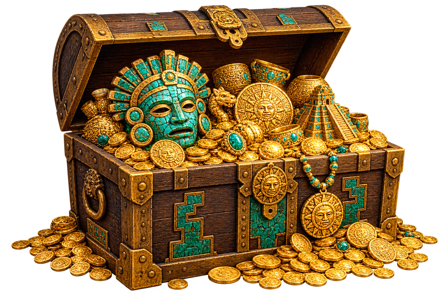 Treasure chest filled with gold and Aztec-inspired artifacts