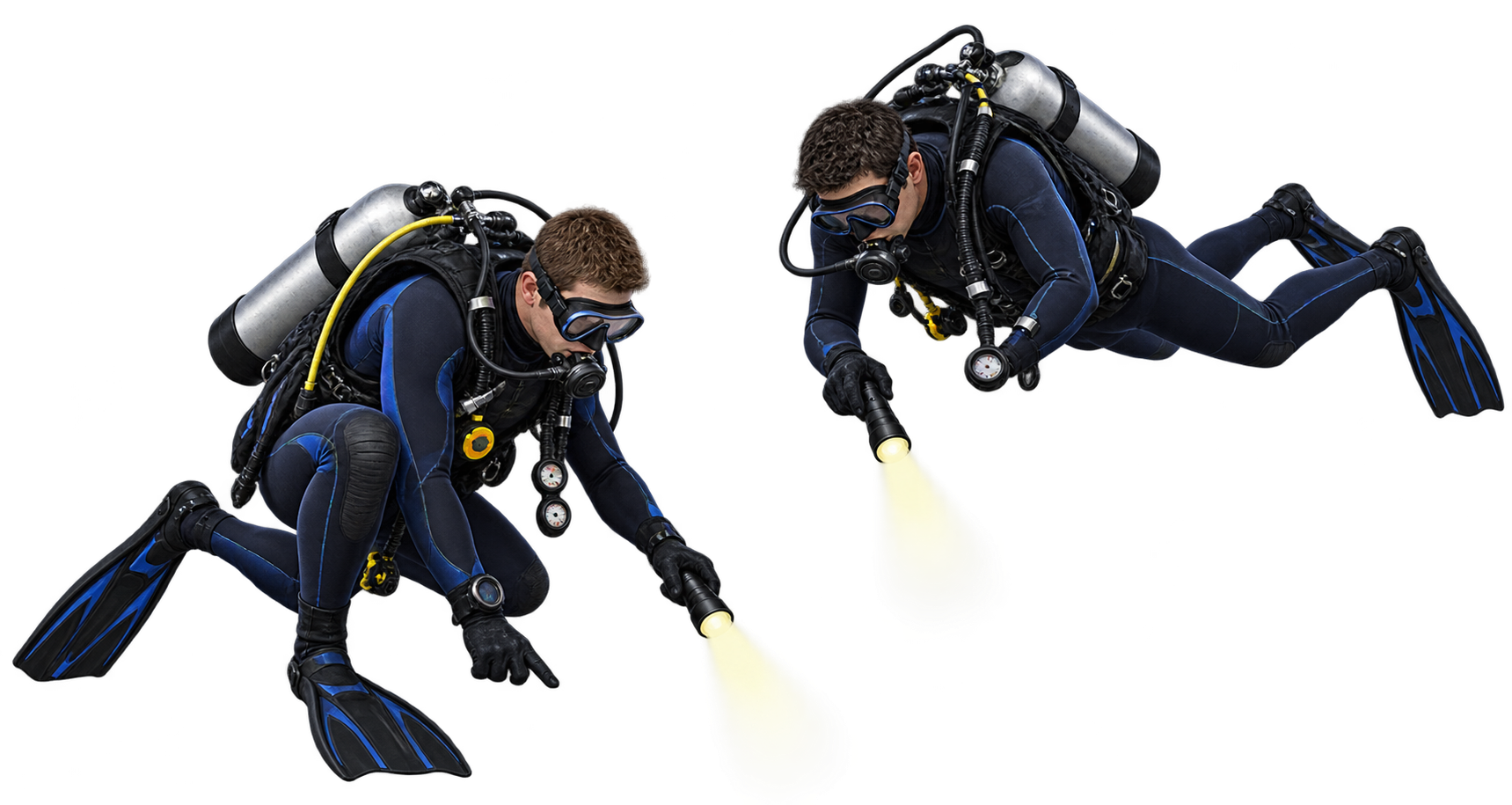 Two scuba divers searching the seabed for lobsters with flashlights