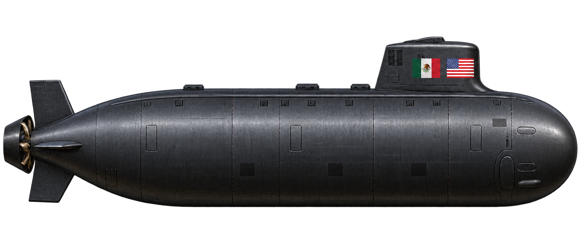 Submarine with Mexican and American flags searching for treasure